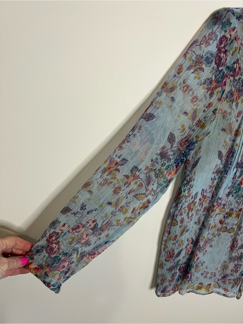 Lucky Brand Light Blue Floral Tie-Neck Sheer Blouse - Picture 4 of 4